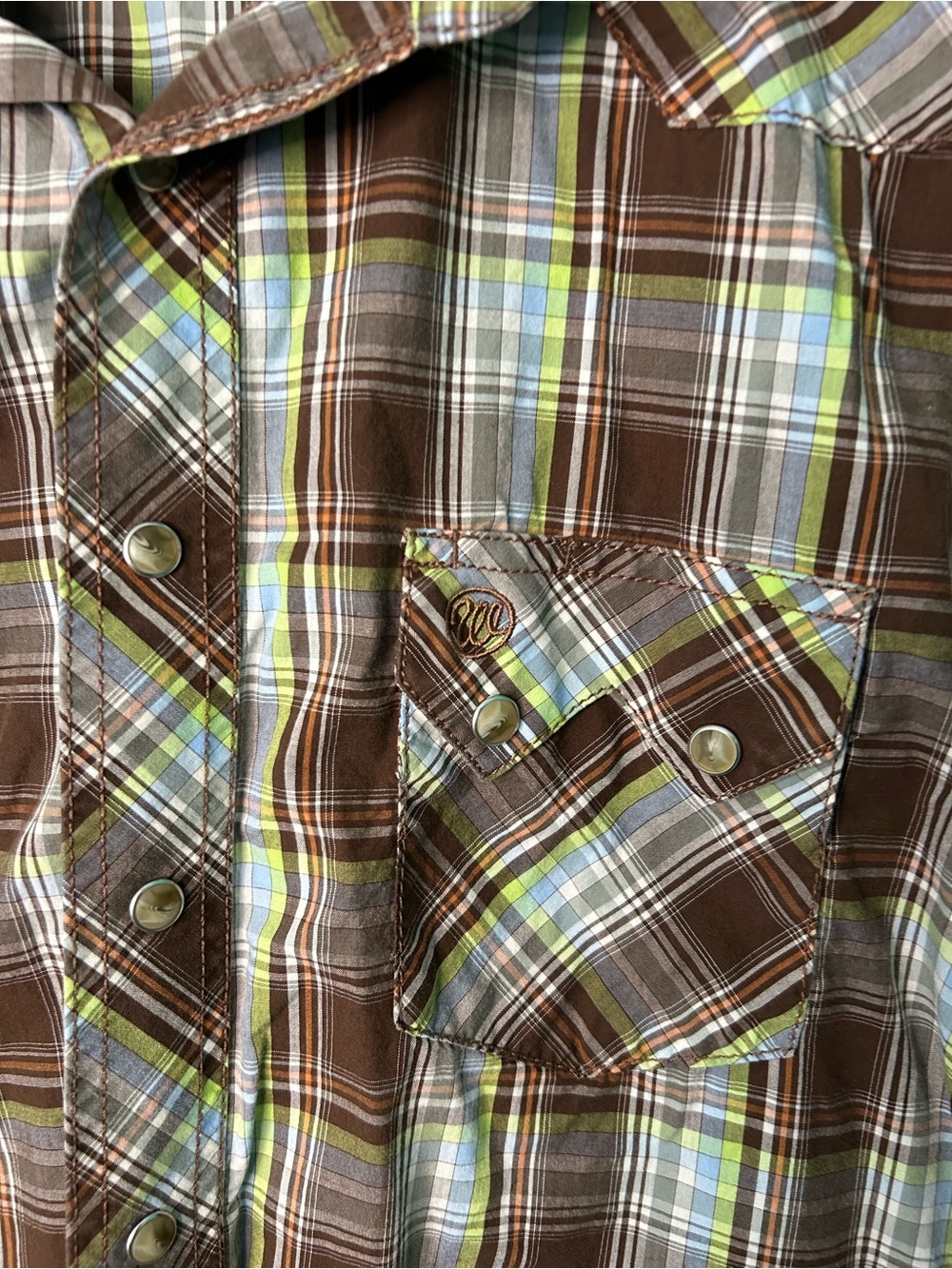 Wrangler Brown Plaid Button-Down Western Shirt with Green Accents Vintage 90s - Picture 2 of 8